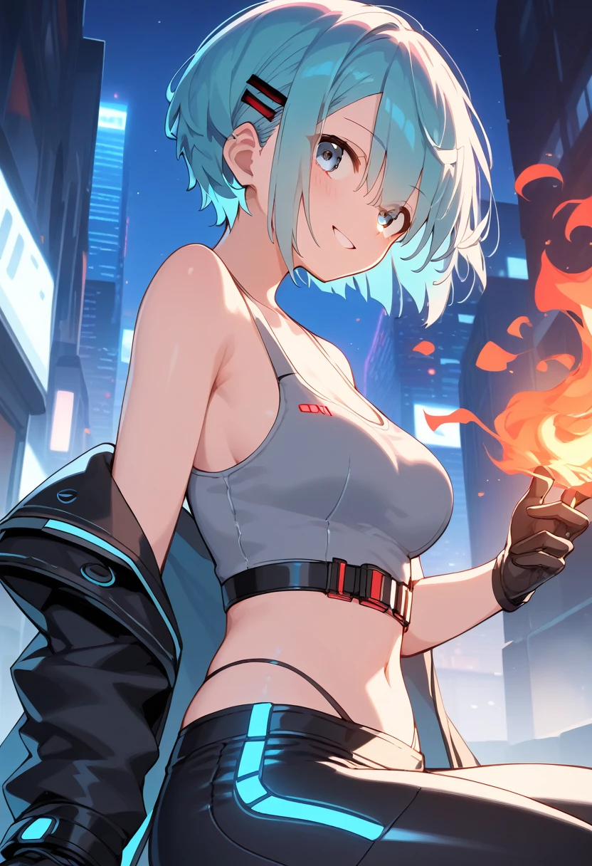 1girl, 18 year old female, Belle, Zenless Zone Zero, anime style, ultra realistic, high detail, sexy pose, sexy, beautiful, exposed skin, slender, skinny, exposed breast, large breast, nipples, exposed nipples, nude, nudity, absurdres, high res, ultrasharp, 8K, UHD, retina, masterpiece, accurate, anatomically correct, perfect anatomy, textured skin, super detail, high details, high quality, award winning, best quality, high res, looking at viewer, detailed eyes, four fingers and one thumb per hand, perfect hands, perfect finger, two arms only, no clothes, revealing, blue hair, green eyes