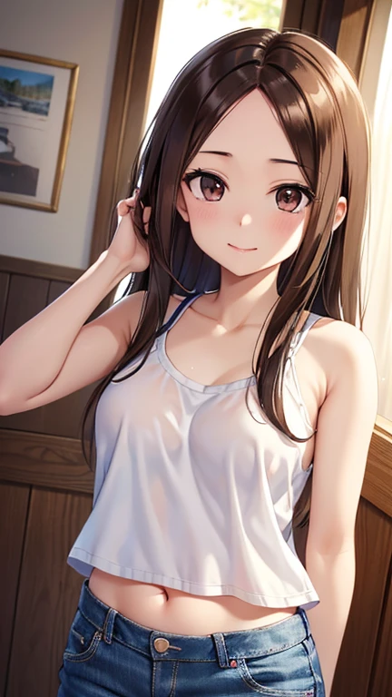 takagi-san、Shiny brown hair, Long Hair,((Medium Breast、amount、Center Part))、 Beautiful brown eyes、smile、Shining Eyes, (fine grain)、Very beautiful eyes、Highly detailed face, Detailed eyes, Cowboy Shot、

nsfw、
masterpiece、Best Quality、One girl、Delicate face、clavicle、(High resolution:1.48)、
Crop Superior、Denim pants、Long Hair、Peeking、belly button、Real、One person、Standing、