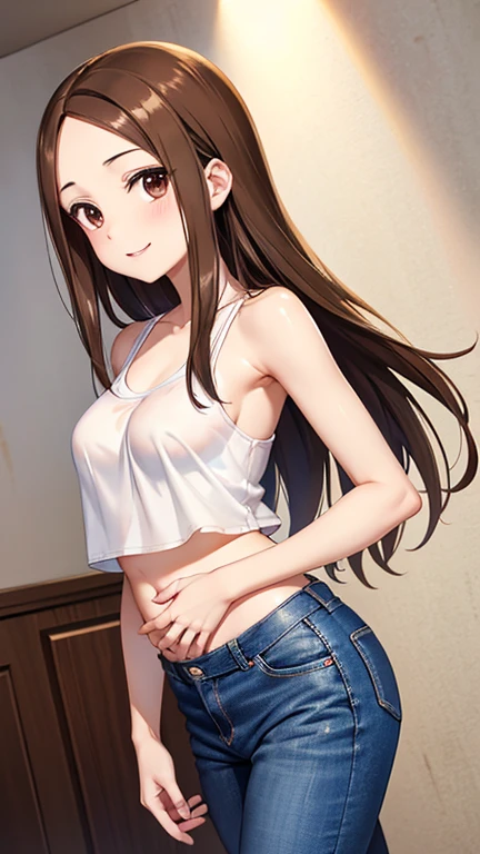 takagi-san、Shiny brown hair, Long Hair,((Medium Breast、amount、Center Part))、 Beautiful brown eyes、smile、Shining Eyes, (fine grain)、Very beautiful eyes、Highly detailed face, Detailed eyes, Cowboy Shot、

nsfw、
masterpiece、Best Quality、One girl、Delicate face、clavicle、(High resolution:1.48)、
Crop Superior、Denim pants、Long Hair、Peeking、belly button、Real、One person、Standing、