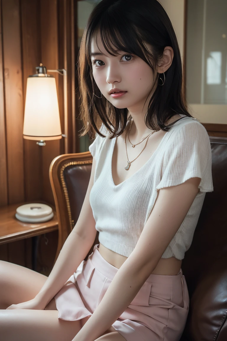 ((ciinematic light、top-quality、8K、masterpiece:1.3))、(Beauty 1 person:1.4)、((Left and right symmetrical eyes、Eyes of the same size on the left and right、Balanced face、Watching the viewer、View here:1.1))、super-detaild skin、hyperdetailed face、A detailed eye、二重まぶた、(Ted White hair、Long twintails:1.5、airy bangs、tiny chest:1.3)、String panties、over-size shirt:1.2、Seductive open lip、(inside in room、livingroom、sit on sofa)、sweat body、Whip thighs、(The upper part of the body:1.1)、choker necklace、((A dark room where clumps of light gather:1.5))