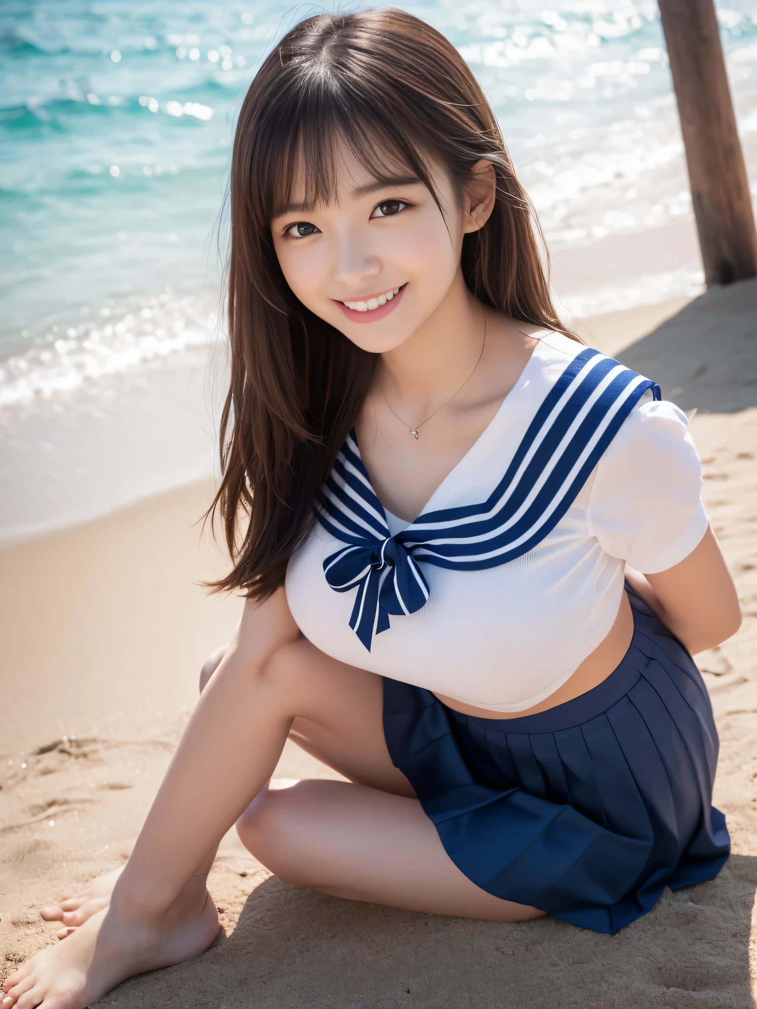 nsfw,Highest resolution,Highest quality,detailed,Posing with a cute smile in the marine blue sea,(12 year old girl with big boobs:1.5)、(Summer uniform:1.5),白いmicro-bikini,pull-out-panties 、Clear marine blue water、reflected in water. Thigh fetish images、Glossy thighs、Summer uniformの下に白い小さなマイクロビキニを履いている、White small string panties