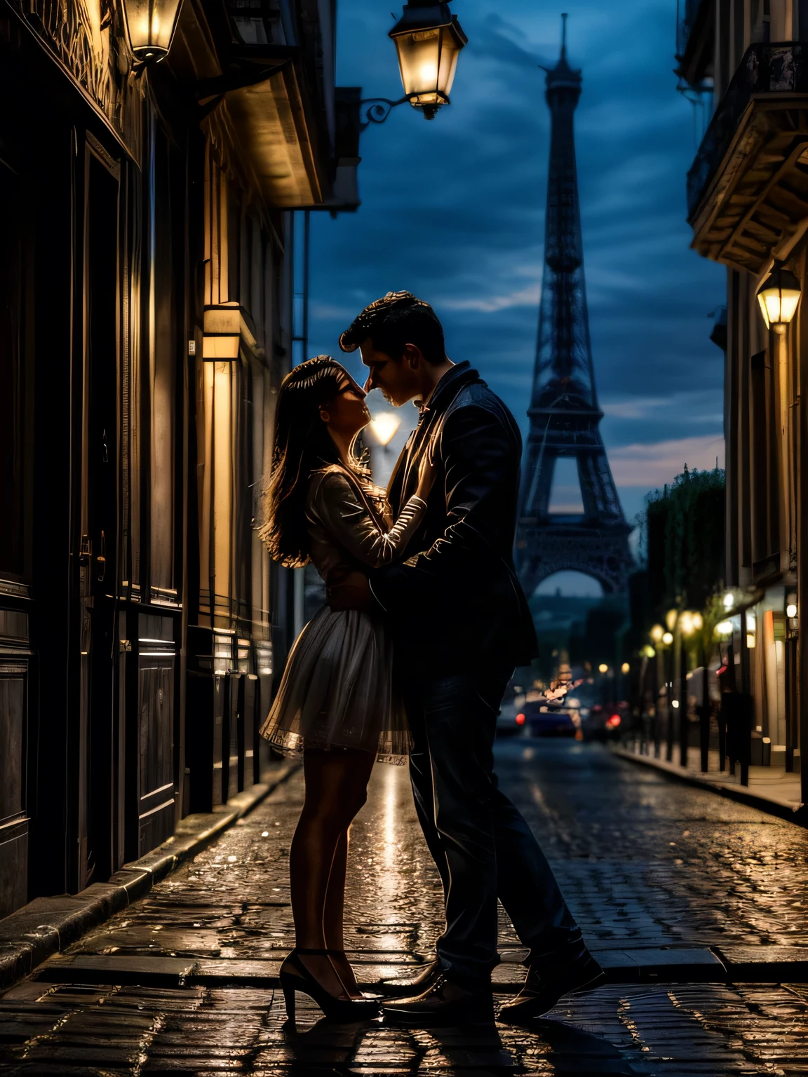 A couple is romantically embracing on a quiet street in Paris, with the iconic Eiffel Tower visible in the background. The soft glow of streetlights casts a warm, golden hue over the scene, reflecting off the cobblestone streets and creating a magical, intimate atmosphere. The couple stands close, lost in each other's embrace, with the charm of Paris surrounding them. The image should be highly detailed in 4K resolution, capturing the texture of their clothing, the romantic glow of the streetlights, the Eiffel Tower in the distance, and the timeless beauty of the Parisian setting."

This emphasizes the romantic setting of Paris, with the couple immersed in a tender moment.