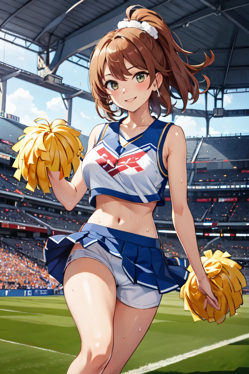 masterpiece, Best Quality, High resolution, Airoha, Medium Hair, Cheerleader, Pom-pom \(Clothes\), abdomen, mini skirt, Stadium, Standing, sweat, smile,Raise one leg,Big Breasts,Underwear is visible,White shorts