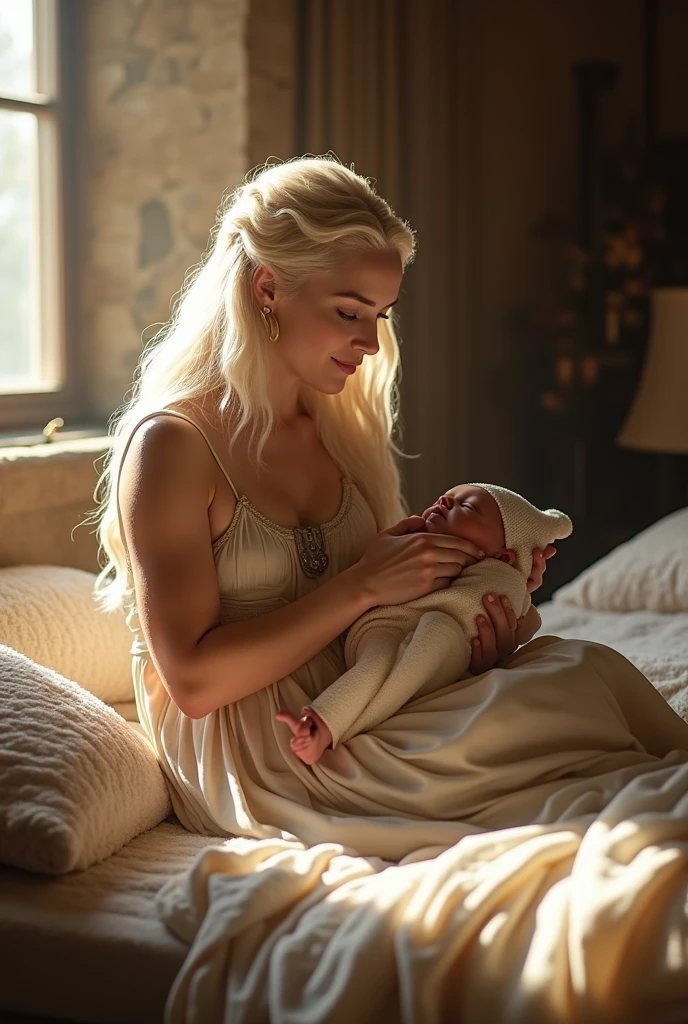 Light, fantasy, a happy Targaryen woman in a dress with a four-year-old in her arms, a Targaryen girl, 8K, HD