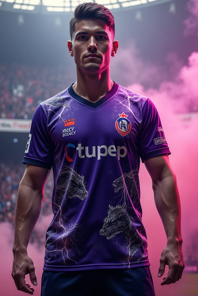 Create a purple football kit with a very realistic purple lightning bolt in the middle and make details