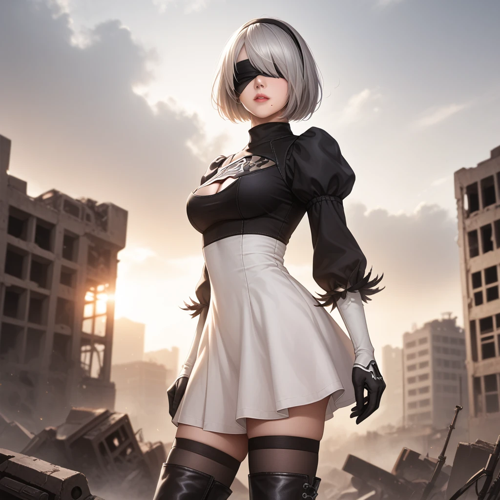 score_9, score_8_up, score_7_up, 32k,masterpiece, highest quality, 
photo realistic, super detail, vibrant colors, chiaroscuro lighting, cinematic lighting,
1 woman, inspired nier automata 2B,
bob cut, gray hair, bangs, mole under mouth, blindfold,
2B dress, cleavage cutout, skirt, thighhighs under boots,
ruins, a ruined world, devastated cities, remnants of mechanical life forms, dark cloudy sky,
seductive pose, cinematic angle,