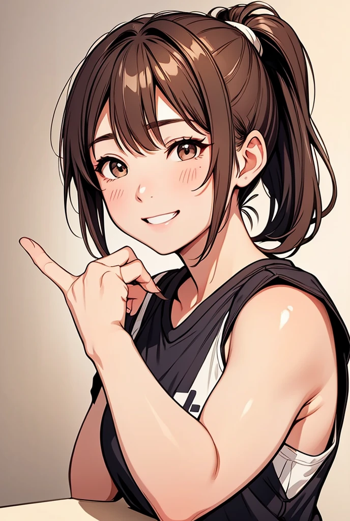 The image shows、A young woman is the central figure。she肌が白く、Her light brown hair is tied in a ponytail at the back of her head.。
While the facial expression is neutral、She has a slight playful smile on her face.。she、He is wearing a dark navy blue sports jersey with light blue vertical stripes on the front.、There is white Japanese writing on the chest.。Also、The shirt has a sports logo on the top。
Extend your right arm forward、She is making a playful gesture of pointing her finger forward.。The left arm is bent at the elbow and placed on the hip。
The image is taken from a close-up, mid-distance perspective.、The subject takes up most of the frame。The background is simple white、All the focus is set on her.。
The lighting is bright and even.、Her features are clearly shown、No strong shadows are created
