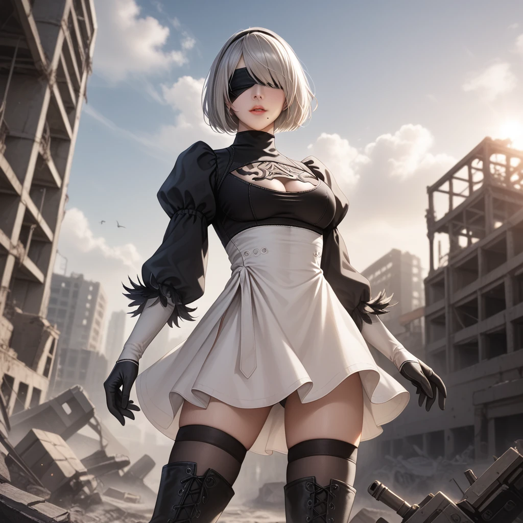 score_9, score_8_up, score_7_up, 32k,masterpiece, highest quality, 
photo realistic, super detail, vibrant colors, chiaroscuro lighting, cinematic lighting,
1 woman, inspired nier automata 2B,
bob cut, gray hair, bangs, mole under mouth, blindfold,
2B dress, cleavage cutout, skirt, thighhighs under boots,
ruins, a ruined world, devastated cities, remnants of mechanical life forms, dark cloudy sky,
seductive pose, cinematic angle,