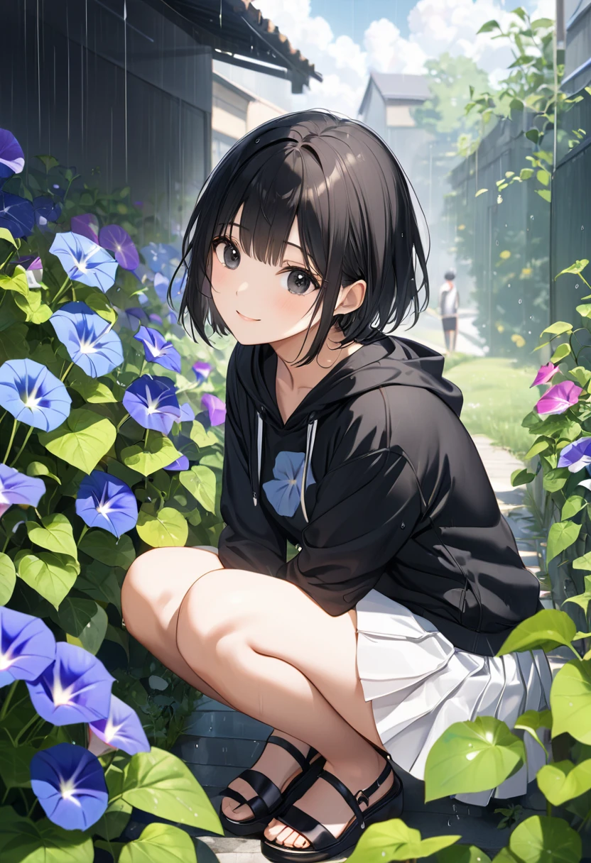 ((masterpiece, super detailed, fine detail, top quality, illustration)), blue sky, 20-year-old woman, beautiful woman, beautiful wet black hair, bob cut, beautiful red eyes, close-up, wet white shirt, tie, checked mini skirt, black socks, black shoes, a lot of hydrangea, rainbow visible, whole body, smile, looking up at the sky,