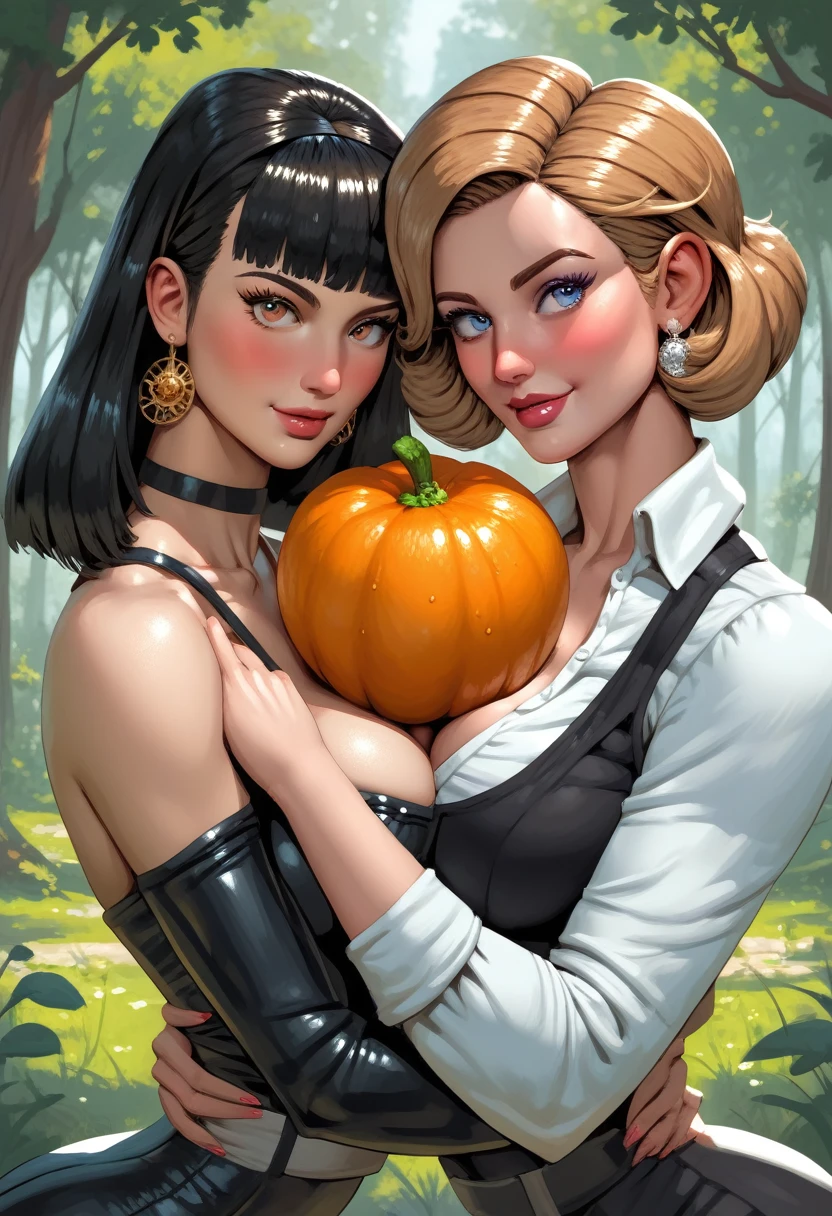 a cartoon picture of two women in a forest with oranges, jazza and rossdraws, rossdraws cartoon vibrant, rossdraws pastel vibrant, rossdraws and jazza, lois van baarle and rossdraws, rossdraws and boris vallejo, glossy digital painting, wlop and rossdraws, artgerm and lois van baarle, lesbian art
