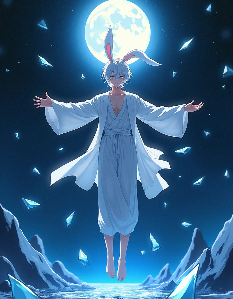 1girl, ghost girl, silver hair, white eyes, white skin, smile, long hair, flies, levitates in the air, white sheet, white cape, ghost, ghostly, translucent, holds a lantern, japanese lantern, night, the moon, objects are flying