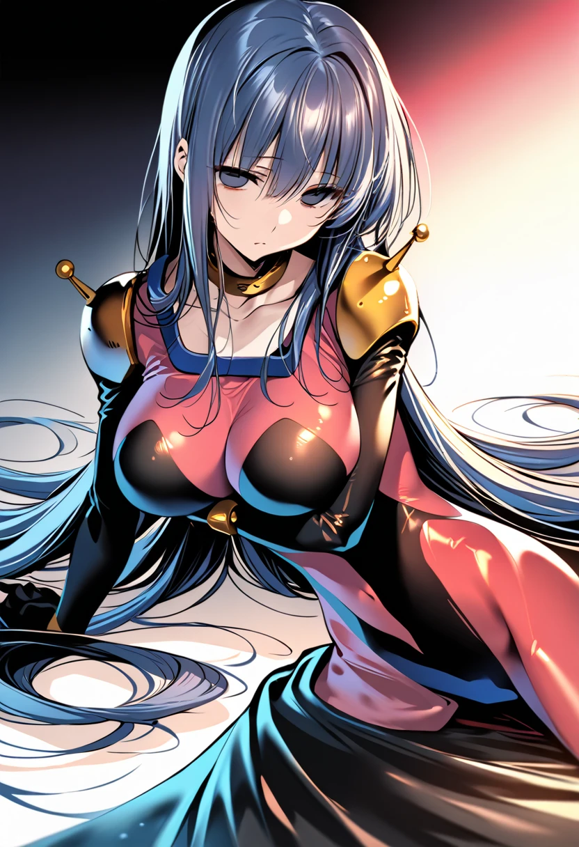 12K,Perfect hands, Perfect Fingers,Perfect Anatomy, masterpiece, Best Quality,Anime Style, 16K HDR,(One girl:1.4), ,Blue Hair, Straight Long Hair,mobile trace suit, shoulder armor(Red and blue bodysuit:1.1),,( whole body:1.4), ,(Emotionless:1.6,empty eyes,:1.3),Metal Color,Large Breasts,(Iron collar:1.6),