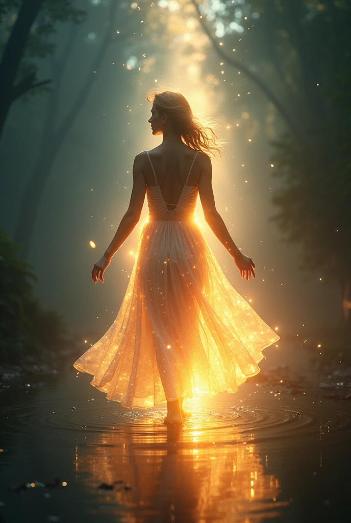 A mesmerizing 3D render by the skillful artist Mschiffe, showcasing a ghostly, smoke-like female figure dancing. The enigmatic woman appears in front full view, exuding a mystical aura as she weaves through a colorful explosion of orange and green hues. Her ethereal form is embellished with motion effects, invoking a sense of fluidity and movement. The background is a breathtaking fusion of vibrant muted green colors that harmoniously blend with the eerie, yet captivating atmosphere of the scene.