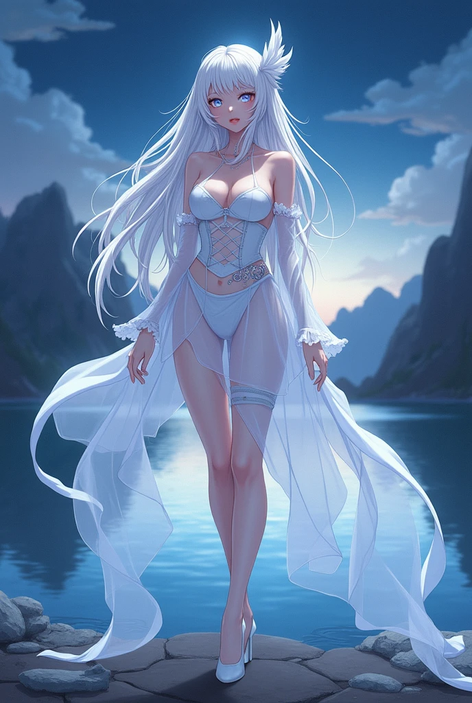 High resolution, masterpiece, accurate, Highest quality, Winner of numerous awards, High-resolution model, 
Silver Hair, Wet Hair, Super long hair, Bun Hair, ponytail, 
slender、
Seaside, 
Butterfly Hair Ornament, Crystal Earrings, 
Swimwear, Simple bikini,Butterfly anklet standing illustration, whole body