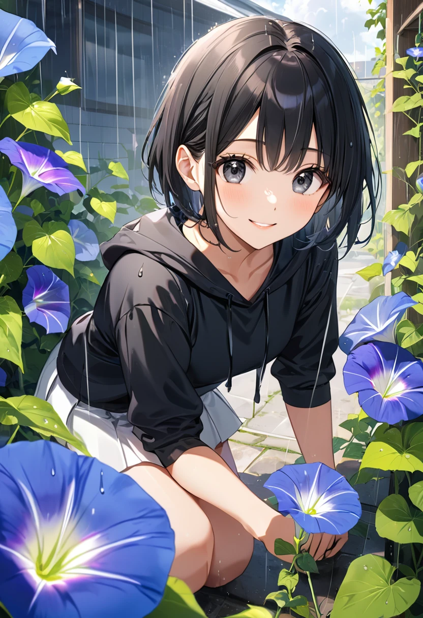 anime、((Amazingly absurd)),(masterpiece:1.2),超High resolution, Attention to detail, high quality, High resolution, 最high quality, 4K, 8k、Crouching woman,Lots of morning glory flowers,Proper Blur,Emphasise the female,hope,Black Eyes,Seeing morning glories,Sparkling eye highlights,Calm,smile,Black Hair,Short Hair,Black hoodie,White mini skirt,Cloudy,Partly sunny,Rain even when it's sunny,Sadness,Best scene,Illuminated from above,Front angle