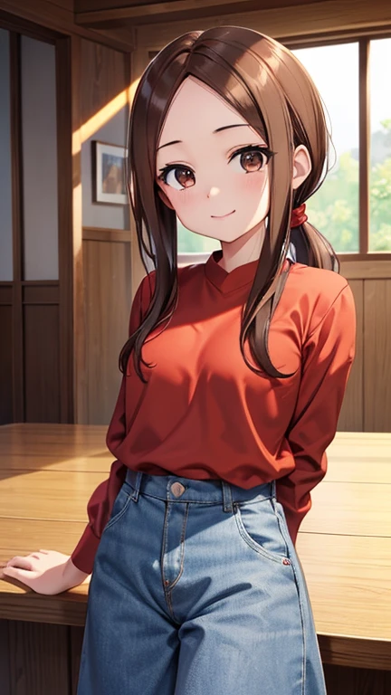 takagi-san、光沢のあるBrown Hair, Long Hair,((Medium Breast、amount、Center Part))、 美しいBrown eyes、smile、Shining Eyes, (fine grain)、Very beautiful eyes、Highly detailed face, Detailed eyes, Cowboy Shot、

masterpiece、Best Quality、Game CG、One girl、solo、Staring at the audience、Upper Body、((jacket、Red Shirt))、Brown Hair、Brown eyes、ponytail