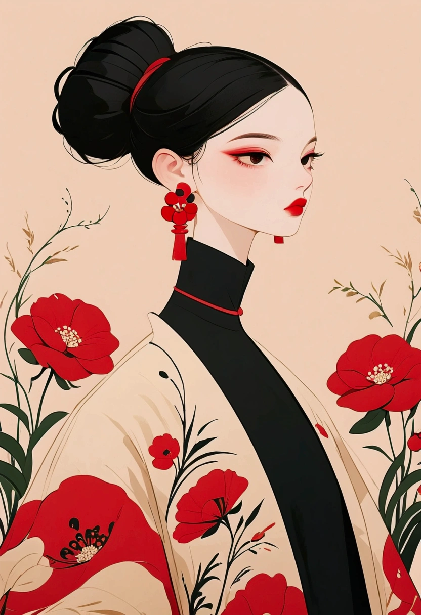 High contrast digital artwork featuring a person with intricate black hair styled into large, rounded buns. The individual is wearing a black dress with a high collar and an accent of red floral patterns on the shoulder. Elaborate, long red earrings complement the outfit. The background consists of a bold red circular element, contrasting sharply against a soft beige backdrop, which enhances the visual impact of the artwork.