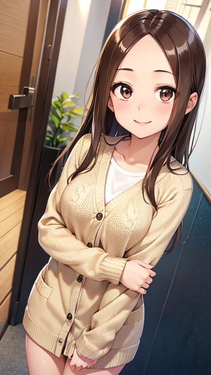 takagi-san、Shiny brown hair, Long Hair,((Medium Breast、amount、Center Part))、 Beautiful brown eyes、smile、Shining Eyes, (fine grain)、Very beautiful eyes、Very detailed顔, Detailed eyes, Cowboy Shot、

masterpiece, Best Quality, figure, Very detailed, Finely detailed, High resolution, 8K wallpaper, Perfect dynamic composition, 
Beige knit cardigan、Natural color lip, Bold Sexy Pose,smile,Harajuku、20-year-old girl、cute、Sexy shot of a girl looking at the camera