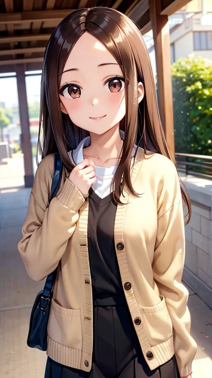 takagi-san、Shiny brown hair, Long Hair,((Medium Breast、amount、Center Part))、 Beautiful brown eyes、smile、Shining Eyes, (fine grain)、Very beautiful eyes、Very detailed顔, Detailed eyes, Cowboy Shot、

masterpiece, Best Quality, figure, Very detailed, Finely detailed, High resolution, 8K wallpaper, Perfect dynamic composition, 
Beige knit cardigan、Natural color lip, Bold Sexy Pose,smile,Harajuku、20-year-old girl、cute、Sexy shot of a girl looking at the camera