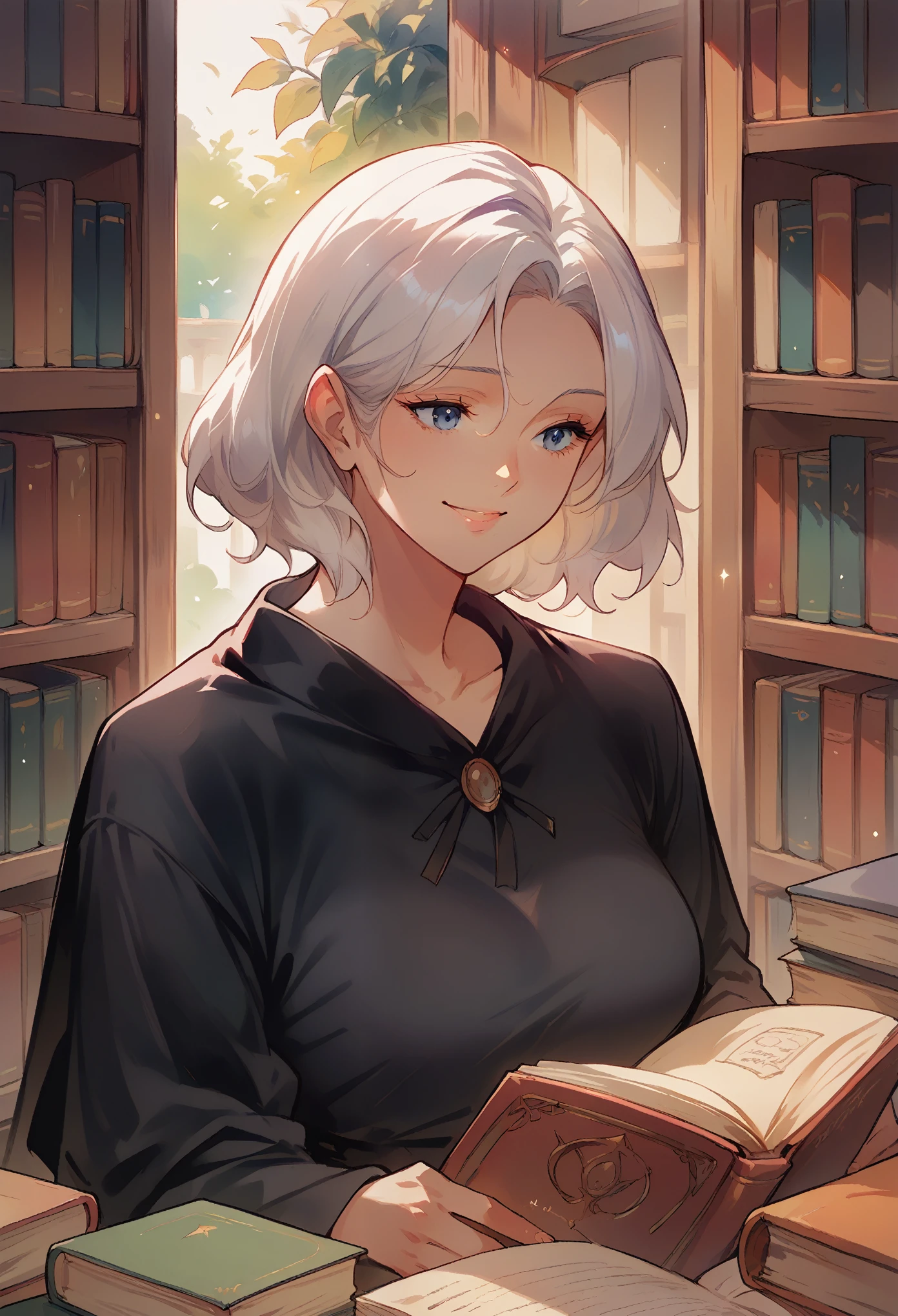Woman with short white hair, thick lips, sitting at a white table, reading a book, brown clothes