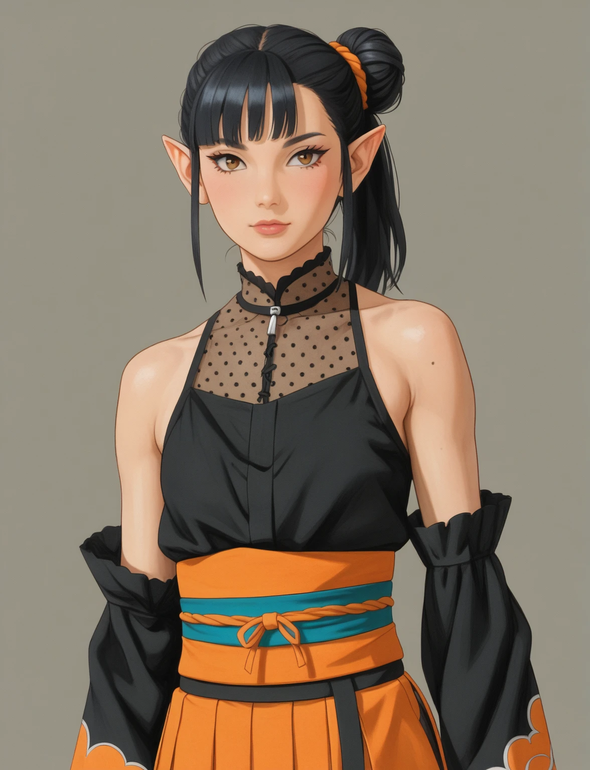 Create a digital illustration of a female character with elf ears with round dots instead of eyebrows. For the hairstyle, she should have black hair styled into a single bun at the back of her head, complemented by asymmetrically chopped bangs that transition into a long lock on one side. Her outfit should match short hakama with detached sleeves and frills under the shorts and the sleeves, in a gothic style, featuring intricate white lace patterns, detailed cutouts, and a white obi with a black seigaiha black pattern. The outfit should include layered skirts and ribbon details to emphasize a similar aesthetic. Add a muted background that complements her striking attire and hairstyle.