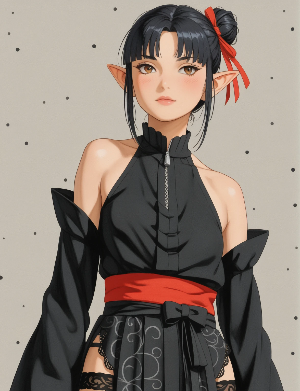 Create a digital illustration of a female character with elf ears with round dots instead of eyebrows. For the hairstyle, she should have black hair styled into a single bun at the back of her head, complemented by asymmetrically chopped bangs that transition into a long lock on one side. Her outfit should match short hakama with detached sleeves and frills under the shorts and the sleeves, in a gothic style, featuring intricate white lace patterns, detailed cutouts, and a white obi with a black seigaiha black pattern. The outfit should include layered skirts and ribbon details to emphasize a similar aesthetic. Add a muted background that complements her striking attire and hairstyle.