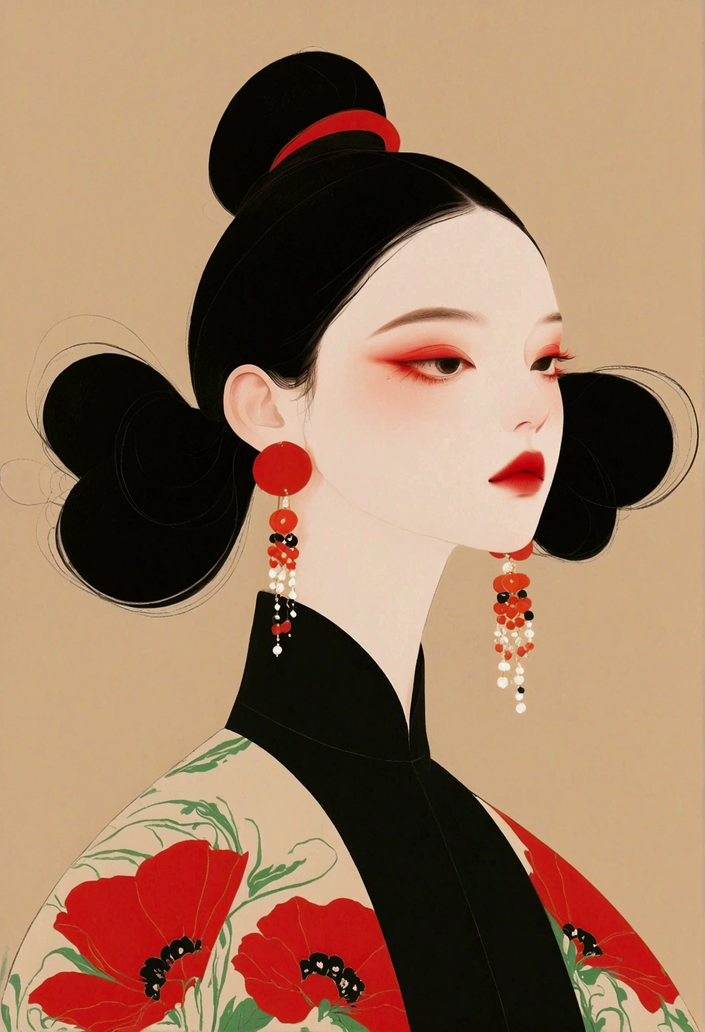 High contrast digital artwork featuring a person with intricate black hair styled into large, rounded buns. The individual is wearing a black dress with a high collar and an accent of red floral patterns on the shoulder. Elaborate, long red earrings complement the outfit. The background consists of a bold red circular element, contrasting sharply against a soft beige backdrop, which enhances the visual impact of the artwork.