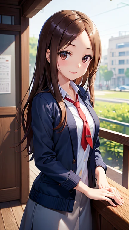 takagi-san、Shiny brown hair, Long Hair,((Medium Breast、amount、Center Part))、 Beautiful brown eyes、smile、Shining Eyes, (fine grain)、Very beautiful eyes、Very detailedな顔, finely描写された目, Cowboy Shot、

1 girl, (White shirt and red tie, Wearing a navy blue jacket:1.2),
 (masterpiece), 
 Very detailed, 2k wallpaper, wonderful, finely, Very detailed CG Unity 8K wallpaper, Very detailed, High resolution, Soft Light, 
Beautiful detailed girl, 

, Slender body,  smile