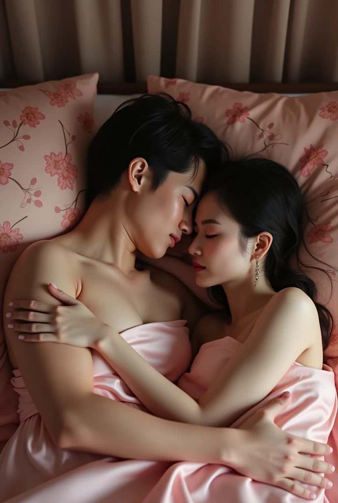 Young mother and teenage son, Have similar characteristics.,naked, Love each other.,,bedroom,on the bed,The son licks his mother&#39;s pussy.