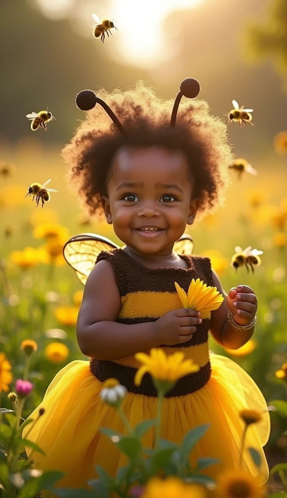 ((1)) adorable little black girl incredibly charming, yellow flowers in hand, with lovely butterflies flying, birds flying, enjoying a beautiful spring ride in the countryside, surrounded by beautiful yellow flowers, autumn leaves flying, trees, colorful butterflies flying, natural landscapes, photo taken full body. The illustration is in high definition in 8k resolution, with highly detailed facial features