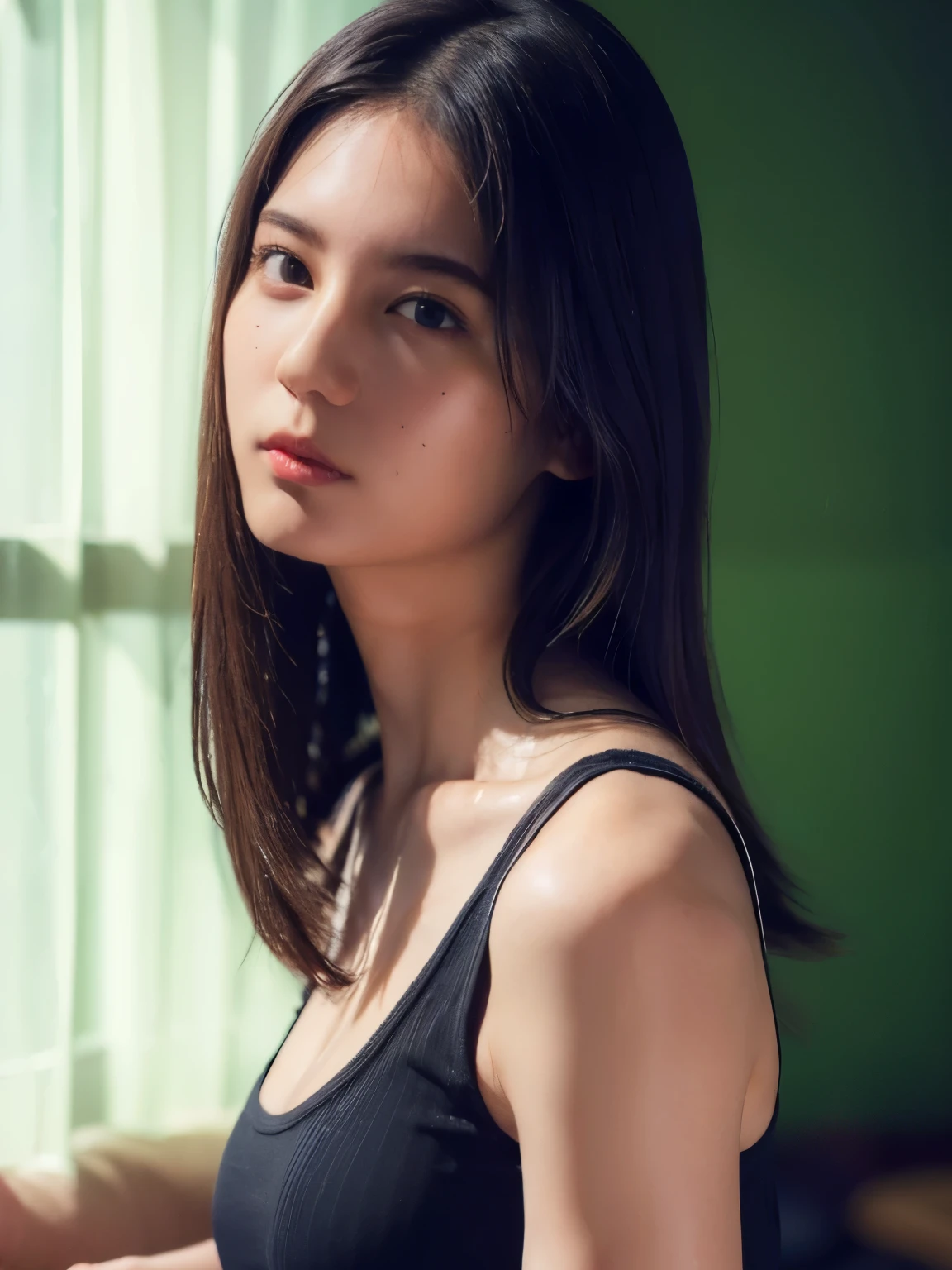 (best quality:1.4), (ultra highres:1.2), (photorealistic:1.4), (16k, RAW photo:1.2),(portrait shot:1.3), bmangpor, 1girl, solo, long hair, brown hair, upper body, white smooth armpits, black knit tank top, big breast,
