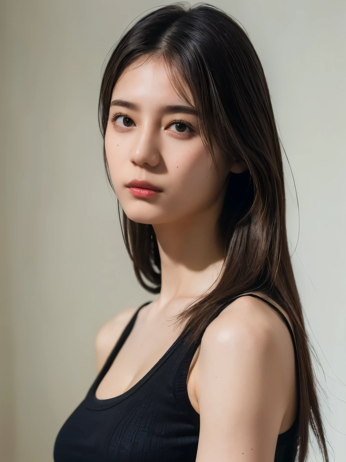 (best quality:1.4), (ultra highres:1.2), (photorealistic:1.4), (16k, RAW photo:1.2),(portrait shot:1.3), bmangpor, 1girl, solo, long hair, brown hair, upper body, white smooth armpits, black knit tank top, big breast,
