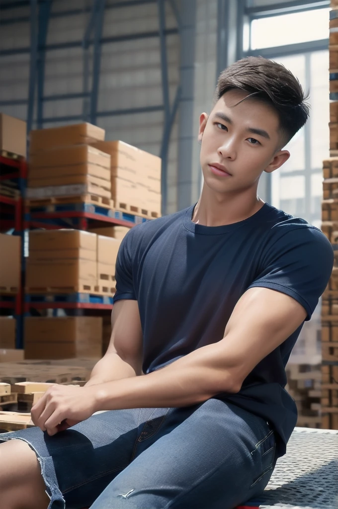 ,1 man sit on,(warehouse:1.4),(crew cut hair:1.3),(Wear a fitted round neck t-shirt in navy blue:1.3 ),,Navy blue jeans,Korean guy,chest muscles,large arm muscles,blood vessel,Big muscles,Broad shoulders,(warehouse:1.4),(short hair:1.4),(full_shot:1.2)