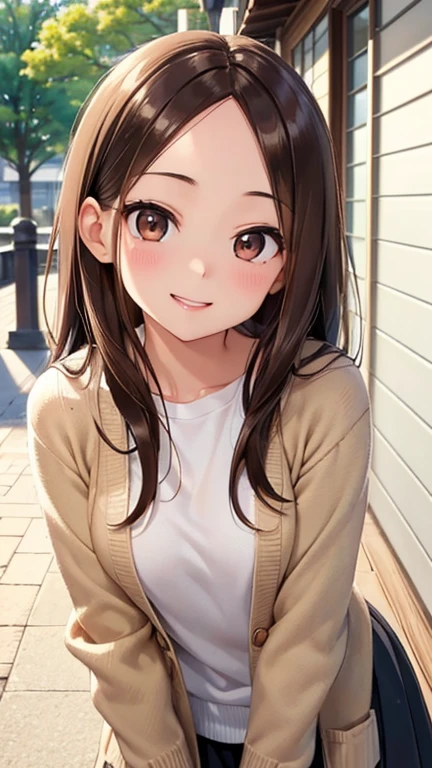 takagi-san、Shiny brown hair, Long Hair,((Medium Breast、amount、Center Part))、 Beautiful brown eyes、smile、Shining Eyes, (fine grain)、Very beautiful eyes、Very detailed顔, Detailed eyes, Cowboy Shot、

masterpiece, Best Quality, figure, Very detailed, Finely detailed, High resolution, 8K wallpaper, Perfect dynamic composition, 
Beautiful fine details, Beige knit cardigan,Small breasts, natural lips, Bold Sexy Pose,smile,Harajuku、20-year-old girl、cute、Sexy shot of a girl looking at the camera