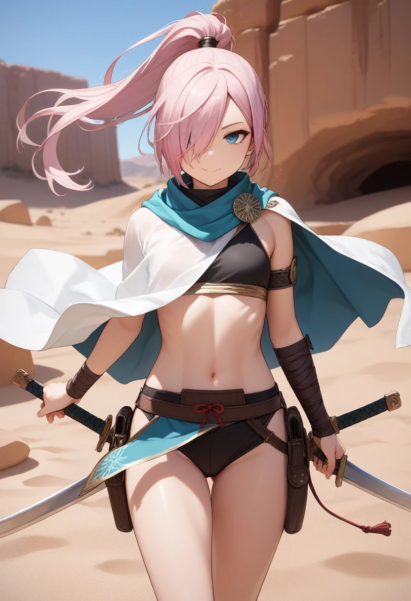 masterpiece, best quality, cowboy shot, A female, dynamic pose, detailed facial features, high ponytail color with long tip hair, pink color hair, (hair over one eye), wearing A desert-toned outfit with a loose-fitting, sand-colored cloak over her ninja attire, A scarf wraps around her face to protect her from the desert winds, with dual swords strapped on her back, small chest, glossy dark-blue eyes,looking at viewer, soft smile, A vast desert background, Walking through the desert, holding her cloak as the wind blows it dramatically behind her. She is looking straight ahead, with one hand on the hilt of a hidden dagger at her side, her posture calm yet alert.