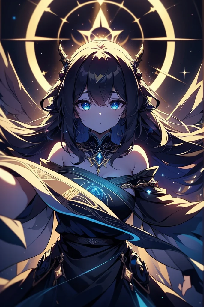 In the silent canvas of the night sky, a spectral figure stands with arms outstretched, conjuring ethereal solar magic. This nighttime aerial photograph captures a mesmerizing scene of a nocturnal solar mage, glowing with radiant power against the backdrop of twinkling stars. The detailed image showcases the mage's intricate robes shimmering in golden light, their spellbinding aura casting a luminous glow across the dark expanse. The high-definition quality captures every delicate nuance of the mage's otherworldly presence, immersing viewers in a mystical moment frozen in time.