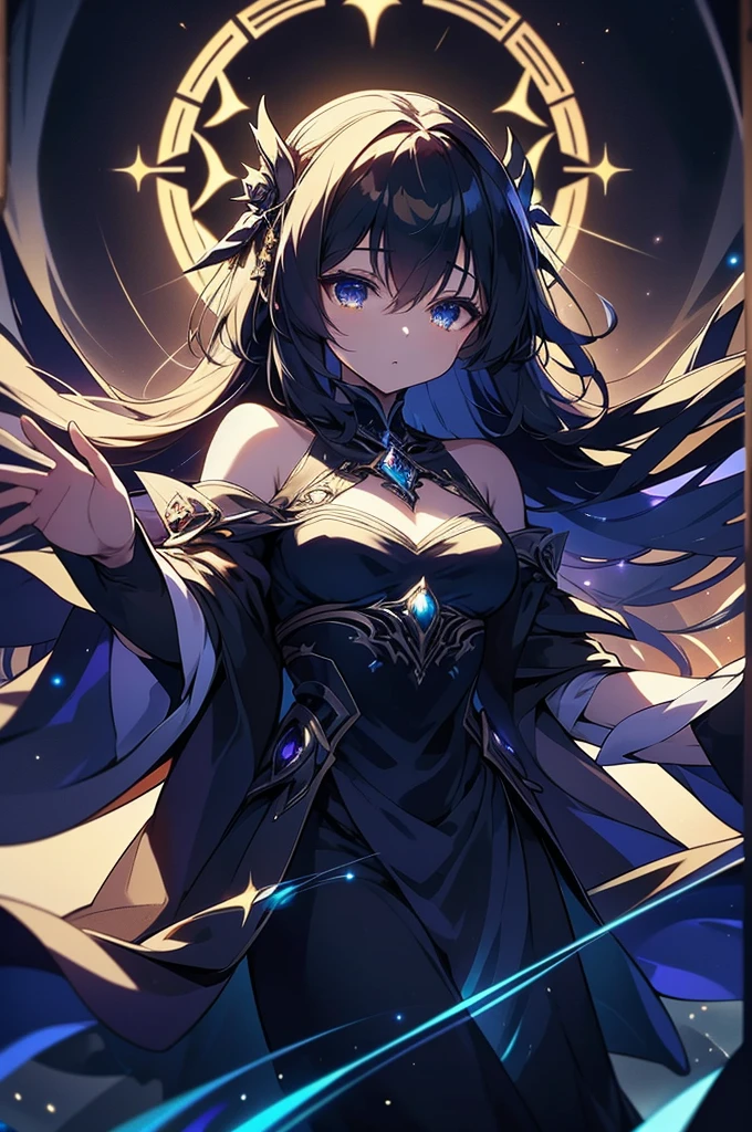 In the silent canvas of the night sky, a spectral figure stands with arms outstretched, conjuring ethereal solar magic. This nighttime aerial photograph captures a mesmerizing scene of a nocturnal solar mage, glowing with radiant power against the backdrop of twinkling stars. The detailed image showcases the mage's intricate robes shimmering in golden light, their spellbinding aura casting a luminous glow across the dark expanse. The high-definition quality captures every delicate nuance of the mage's otherworldly presence, immersing viewers in a mystical moment frozen in time.