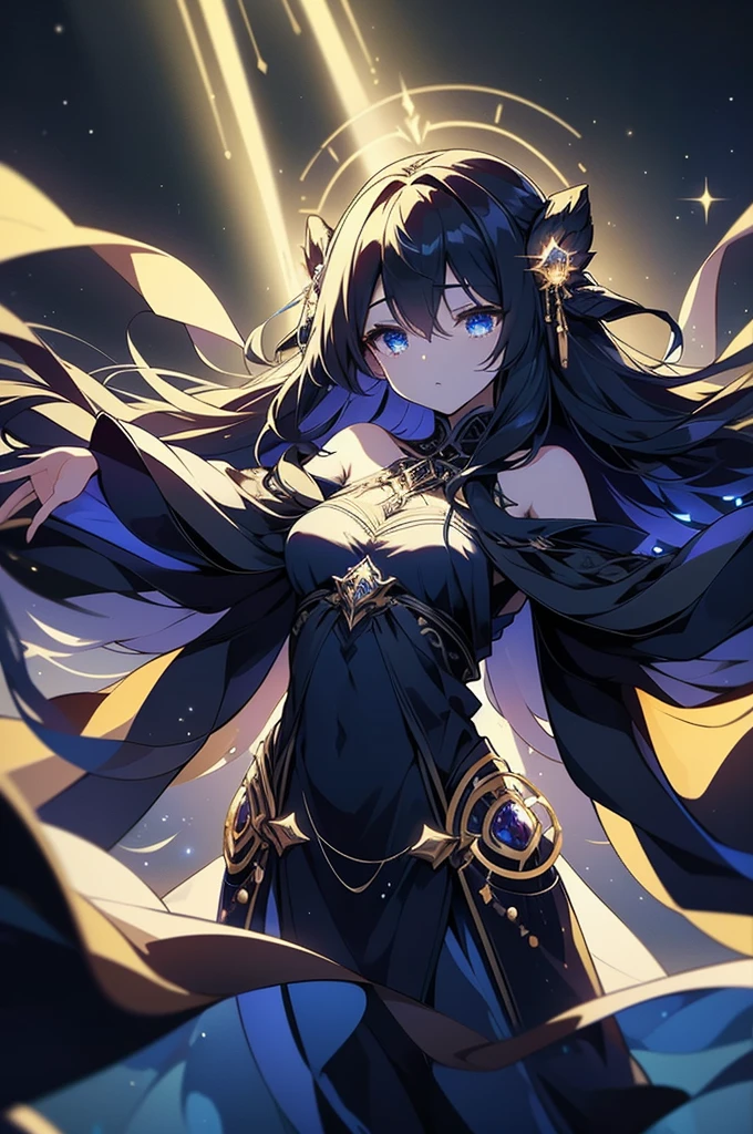 In the silent canvas of the night sky, a spectral figure stands with arms outstretched, conjuring ethereal solar magic. This nighttime aerial photograph captures a mesmerizing scene of a nocturnal solar mage, glowing with radiant power against the backdrop of twinkling stars. The detailed image showcases the mage's intricate robes shimmering in golden light, their spellbinding aura casting a luminous glow across the dark expanse. The high-definition quality captures every delicate nuance of the mage's otherworldly presence, immersing viewers in a mystical moment frozen in time.