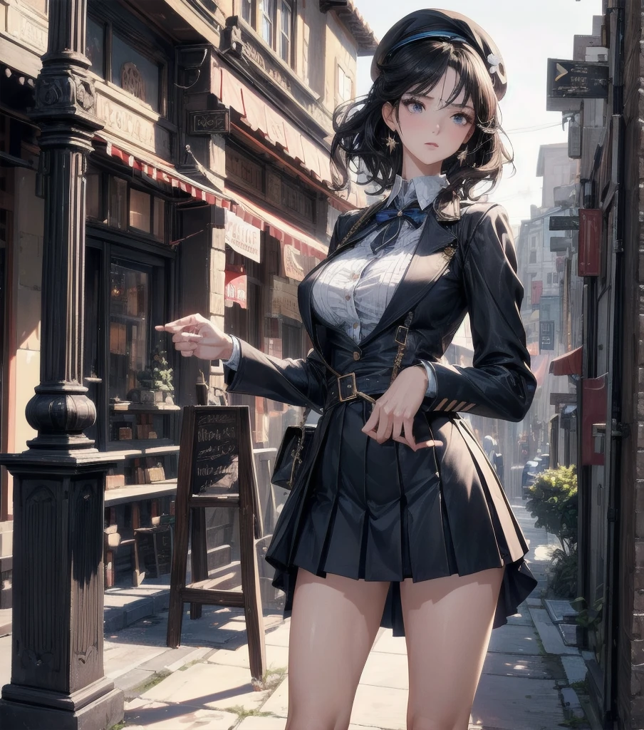 (((Masterpiece))), a top influencer woman, top quality, super detailed, cute and playful, classic blazer dress, tan skin, long curly black hair in high ponytail, white crop blazer, white mini skirt, lace tights, Paris city background