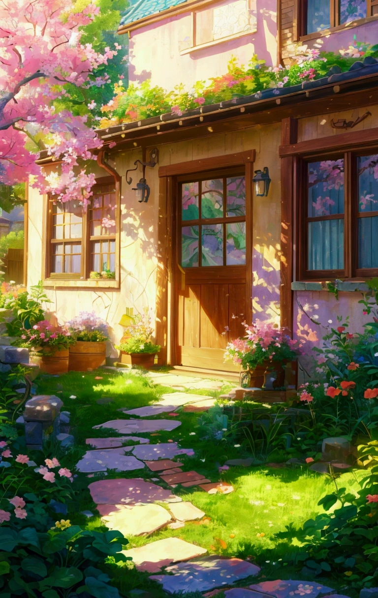 anime scenery of a house with a garden and a pathway, anime background art, anime background, background art, beautiful anime scenery, painted in anime painter studio, floral environment, made with anime painter studio, anime scenery, beautiful anime scene, background artwork, colorful anime movie background, beautiful digital painting, anime nature wallpap, anime art wallpaper 4 k