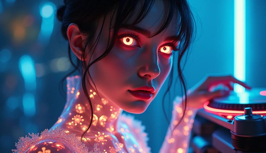 A highly detailed and intense close-up of a lady neon face with a neon cracked, sexy appearance. The image should be in highly detailed showcasing sharp contrasts and deep shadows. The face is soo horny giving it a ethereal, fucking look. The eye is glowing with a stare, while long, dark hair flows around the face, adding to the eerie atmosphere. The overall style should be livingly, gritty, and hyper-realistic, with a strong focus on texture and detail siren both eyes sexy hairs 