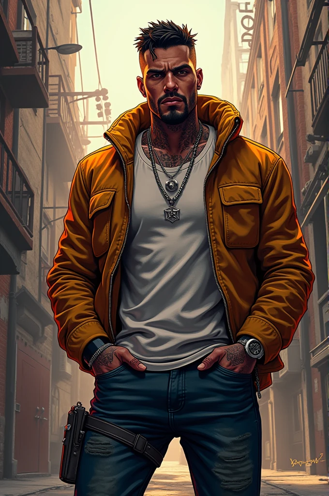 1man,short hair, muscular, beard,baseball cap, baseball jacket, white tank top, gold chain, necklace, hip hop, graffiti, saggy pants,jeans, (cigarette in the mouth , smoking) , lamppost,(masterpiece, best quality, highres, ultra detailed ),