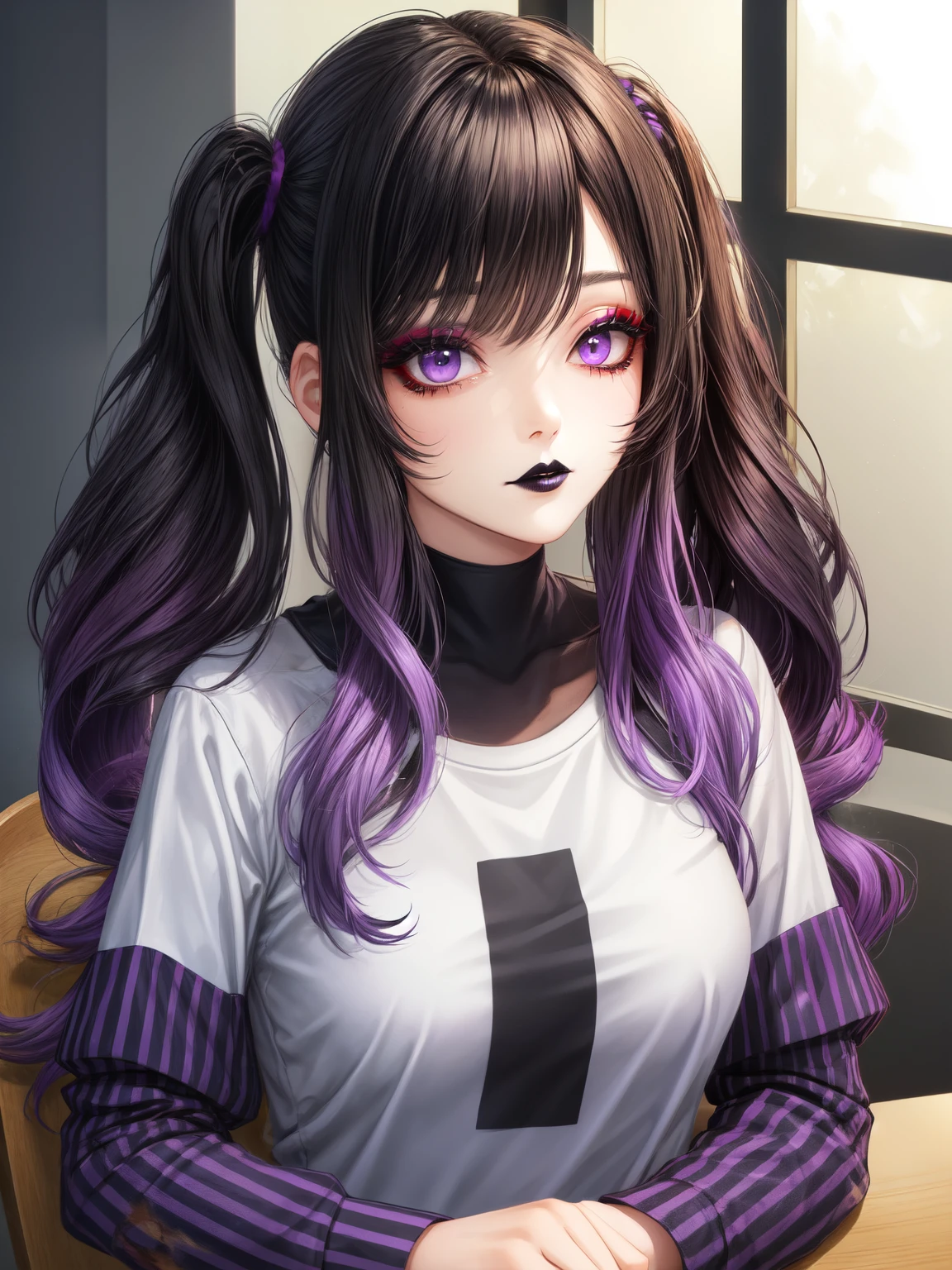 masterpiece, adult, indoors, woman with purple to black ombre hair, black lips, bangs, messy hair, pigtails, eye shadow, smoky eyes, smokey eyes, tshirt, long sleeves, striped sleeves, very long hair, 