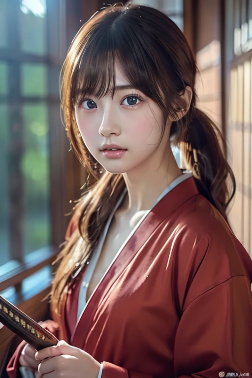 16k, masterpiece、Highly detailed CG、Real、Realistic、whole body、Detailed face、Beautiful details in the eyes、Looking straight ahead、20 year old girl、She is wearing a red kimono with an intricate pattern.、ponytail、Holding a Japanese sword、Anatomically perfect limbs、Detailed skin texture、