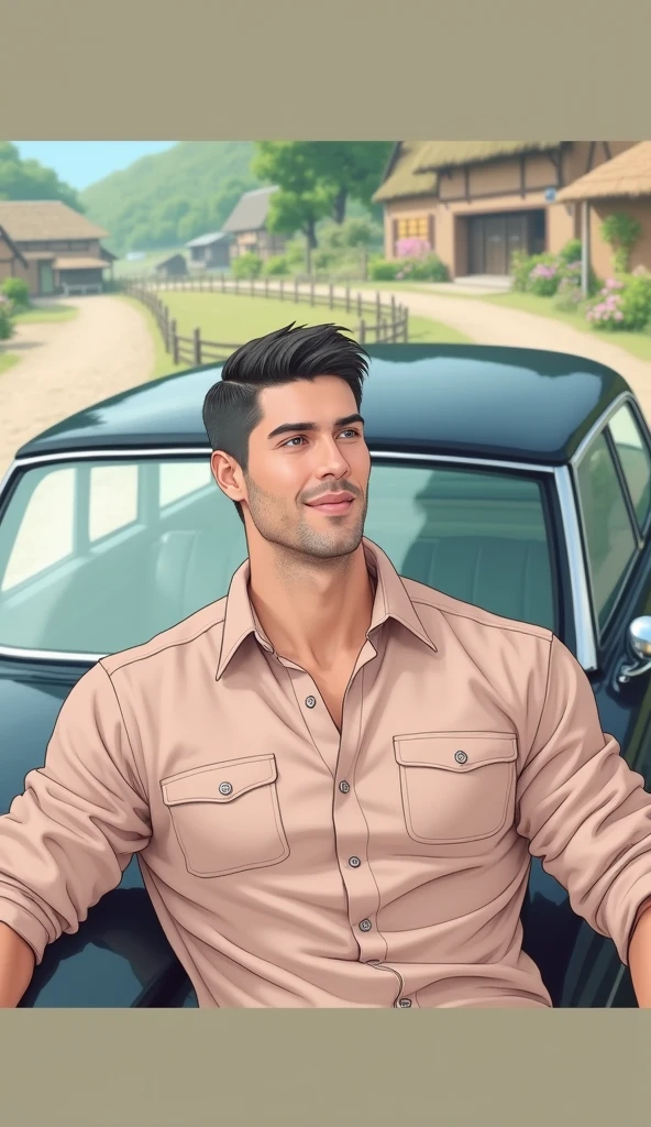 illustration that evoke stoicism men from 25 years old, shirtless, barefoot, strong, slim body Importance of Reason Style: Scientific realism, with a focus on detail and precision. Color palette: Cool, neutral tones (navy blue, gray, white) to convey clarity and objectivity. Expression: A concentrated and determined gaze, brow slightly furrowed in thought. Setting: A young strong handsomen cinnamon sking, riding an orange land rover car background you can see intense yellow mansion pastoral scene, river, garden, golden hour