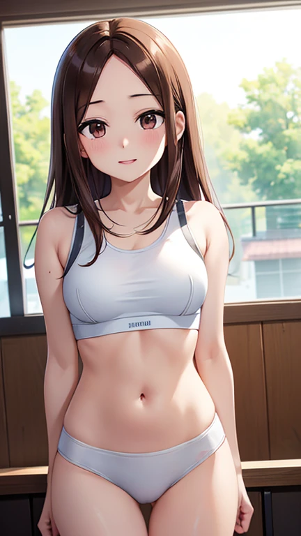 takagi-san、光沢のあるBrown Hair, Long Hair,((Medium Breast、amount、Center Part))、 美しいBrown eyes、smile、Shining Eyes, (fine grain)、Very beautiful eyes、Highly detailed face, Detailed eyes, Cowboy Shot、


 Brown Hair, Brown eyes, masterpiece, Best Quality, High resolution, unity 8k wallpaper, figure, Beautiful fine details, Perfect lighting, Extremely detailed CG, Glossy lips, I parted my lips, ((White sports bra、buruma)), abdomen, classroom