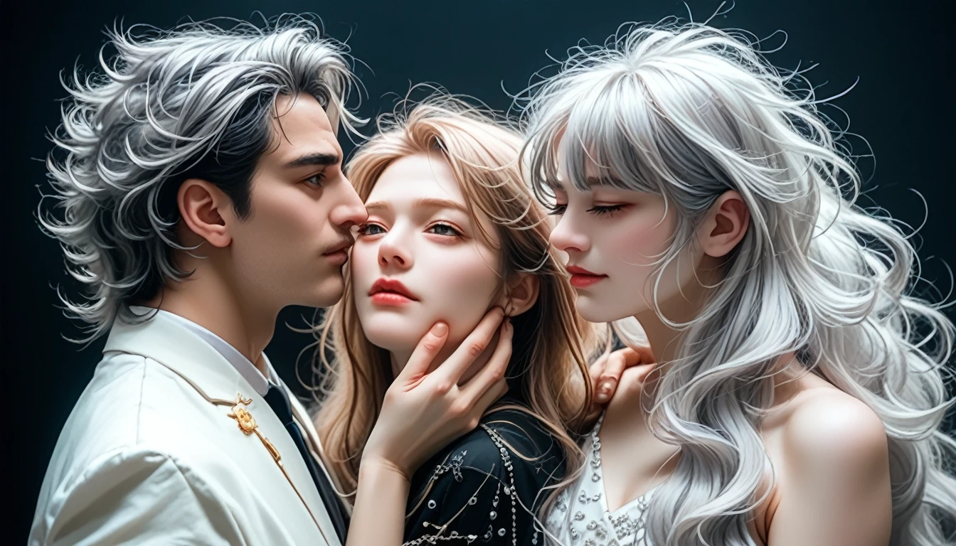 Masterpiece, Superb Fashion, (Fashion Costume), (Illustration), (2 People), Handsome Young Couple, (Russian Mill Style), Fashion, Silver Hair, (Long Hair), (Messy Hair), (White Skin), (Dark Circles), Handsome, Dance Steps, Trend, Dark Gray,, Close Up, (Grand Background), (Chiaroscuro)), Fine Face Details, Facial Details, Cinematic Lighting, (Depth of Field), UHD, (Upper Body), Black Background