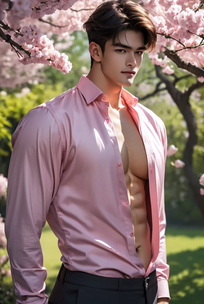 (Photorealistic: 1.2, Top Quality, 8K, Sensuality: 1.3, Wet: 1.3), (Man, hands on chest), 20-year-old blonde Ukrainian bodybuilder, actor, cherry blossom print kimono, (sweat: 1.2, wet: 1.2), fine skin, (film lighting), soft light, double eyelids, (seductive), ((excited: 1.5))