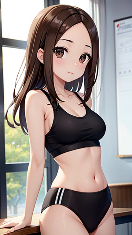 takagi-san、光沢のあるBrown Hair, Long Hair,((Medium Breast、amount、Center Part))、 美しいBrown eyes、smile、Shining Eyes, (fine grain)、Very beautiful eyes、Highly detailed face, Detailed eyes, Cowboy Shot、


 Brown Hair, Brown eyes, masterpiece, Best Quality, High resolution, unity 8k wallpaper, figure, Beautiful fine details, Perfect lighting, Extremely detailed CG, Glossy lips, I parted my lips, ((black and white sports bra、buruma)), abdomen, classroom