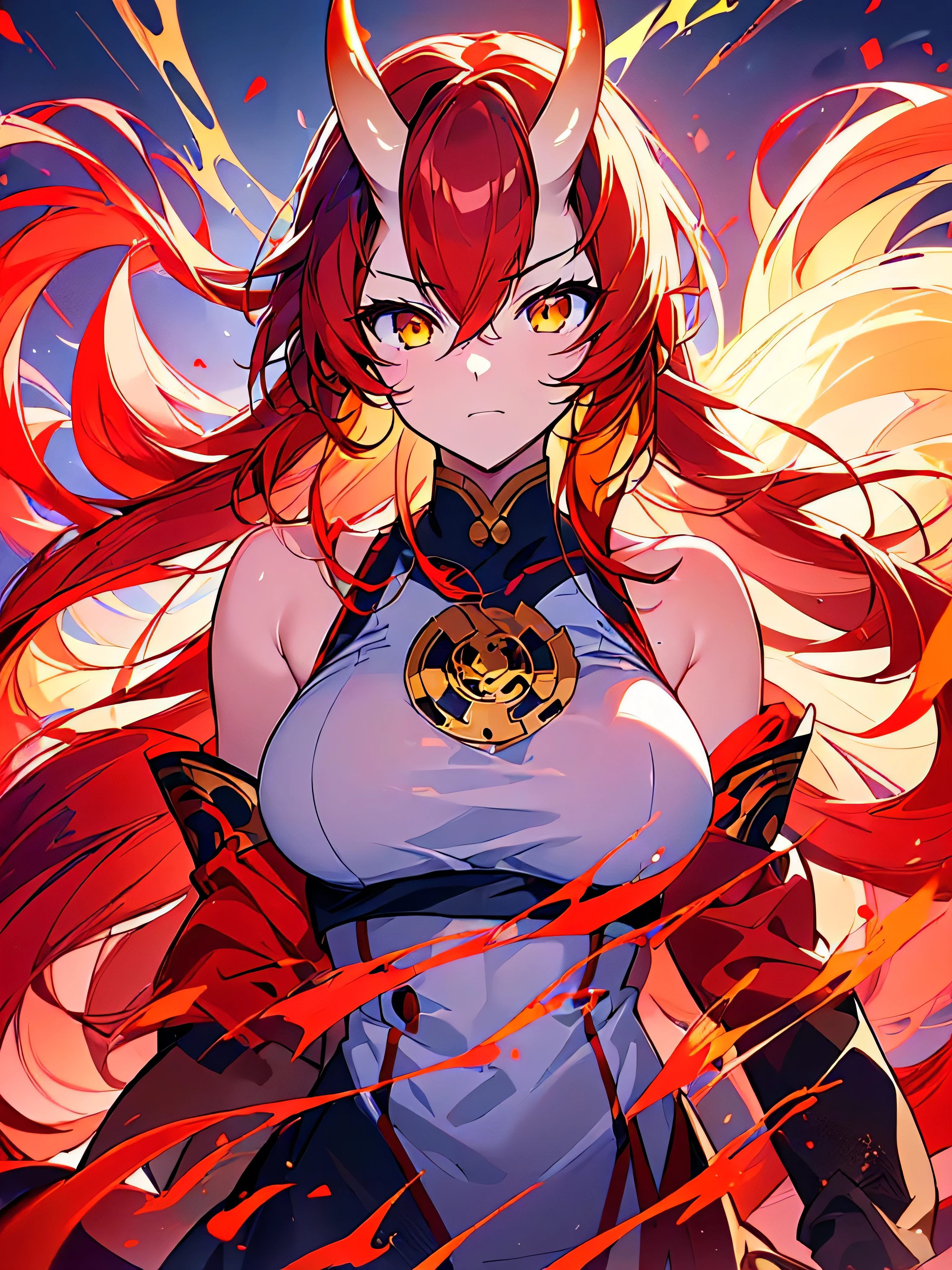 A character with big breasts wearing Chinese outfit. she has long red hair. She has RED AND GOLDEN eyes.